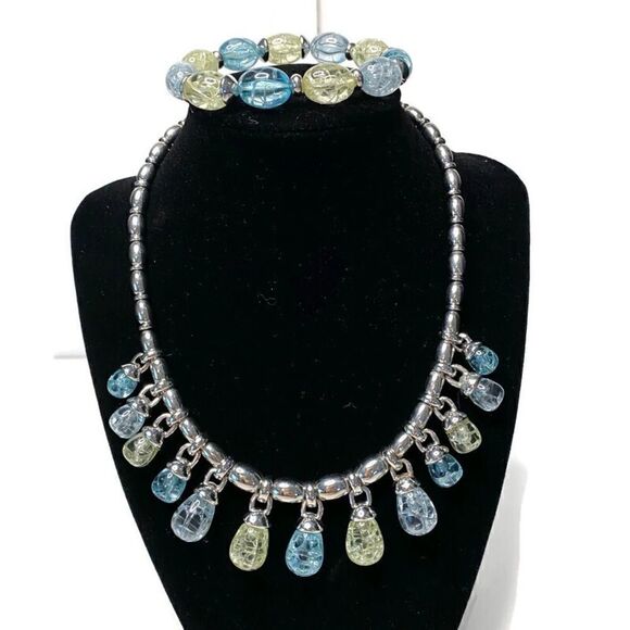 NAPIER Silver-Toned Beaded Necklace with  Colored Hanging Beads with Bracelet - Picture 1 of 6